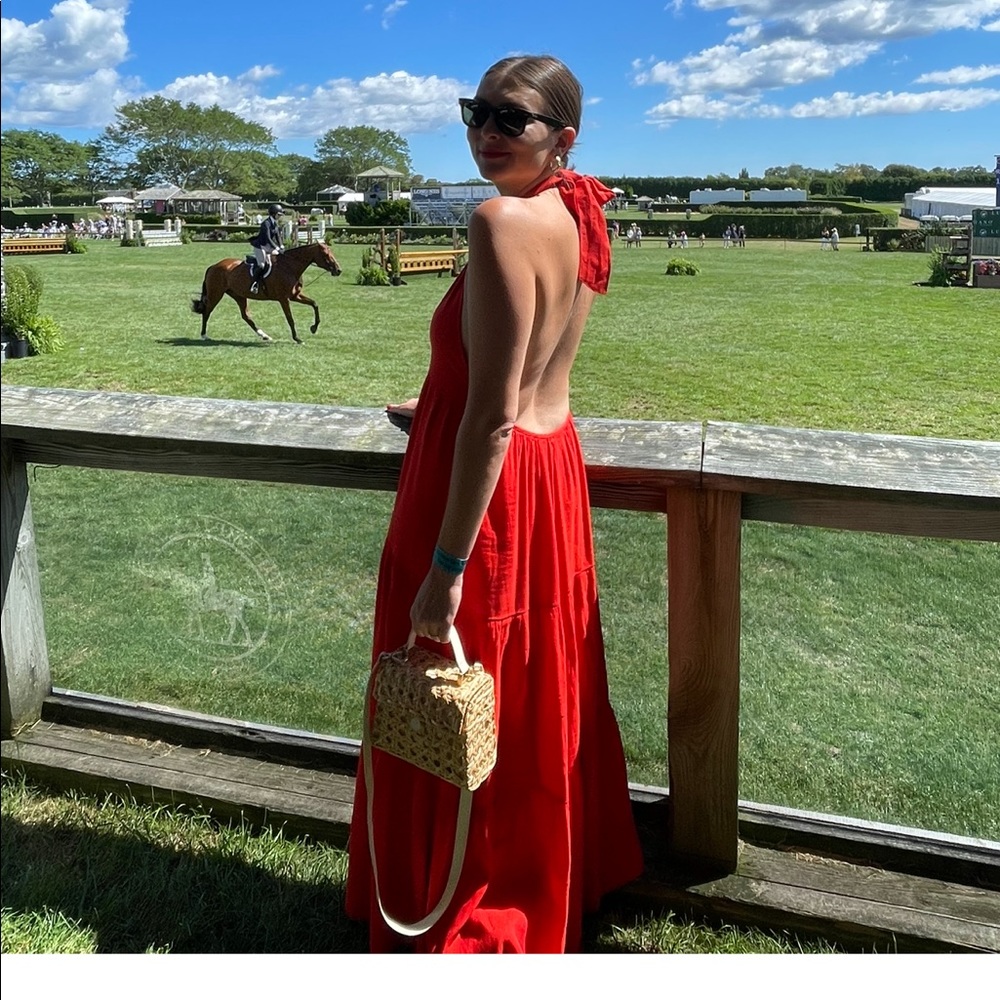 Solid and striped red linen halter backless dress